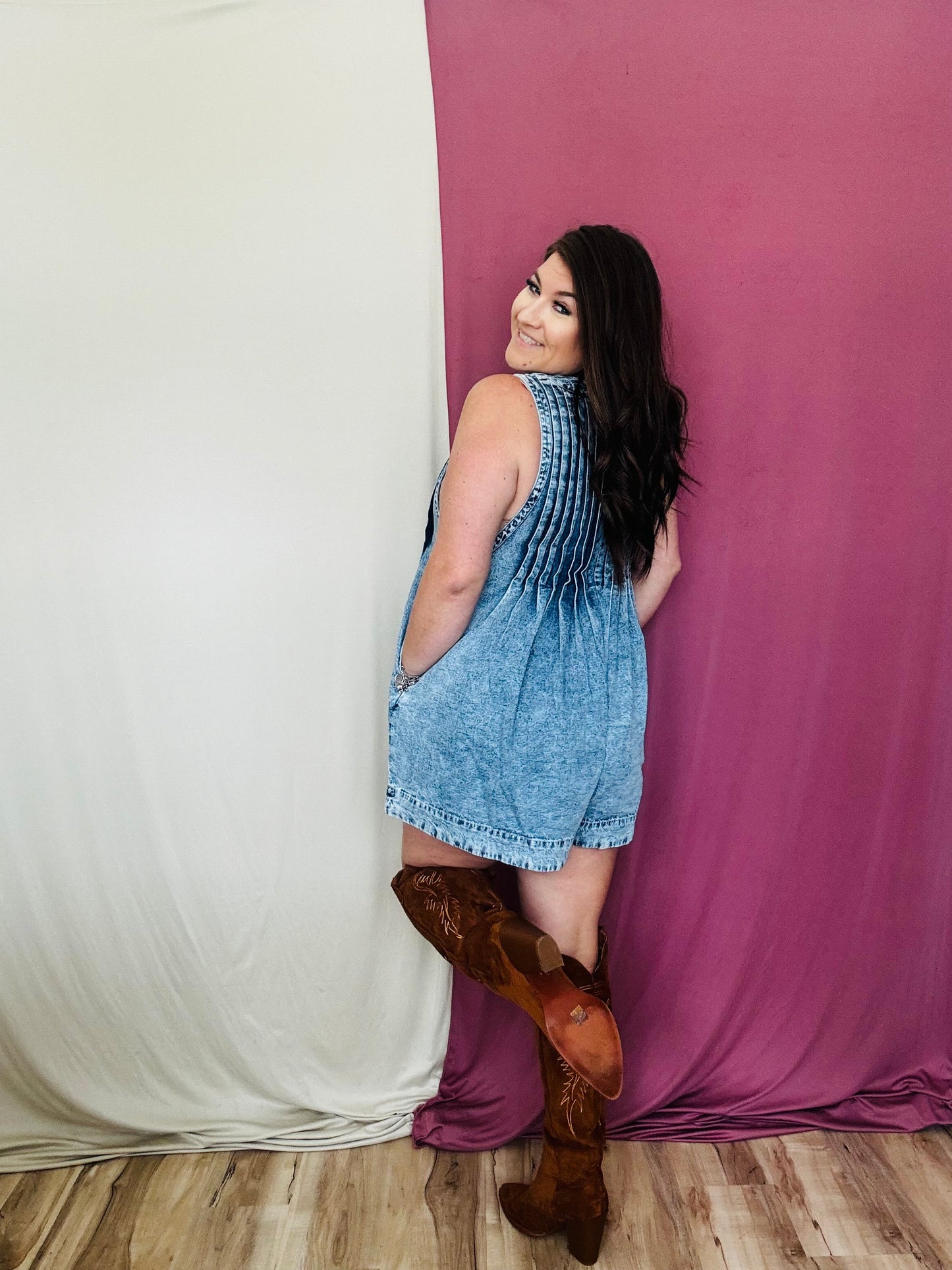 The Adelina Chambray Denim Romper