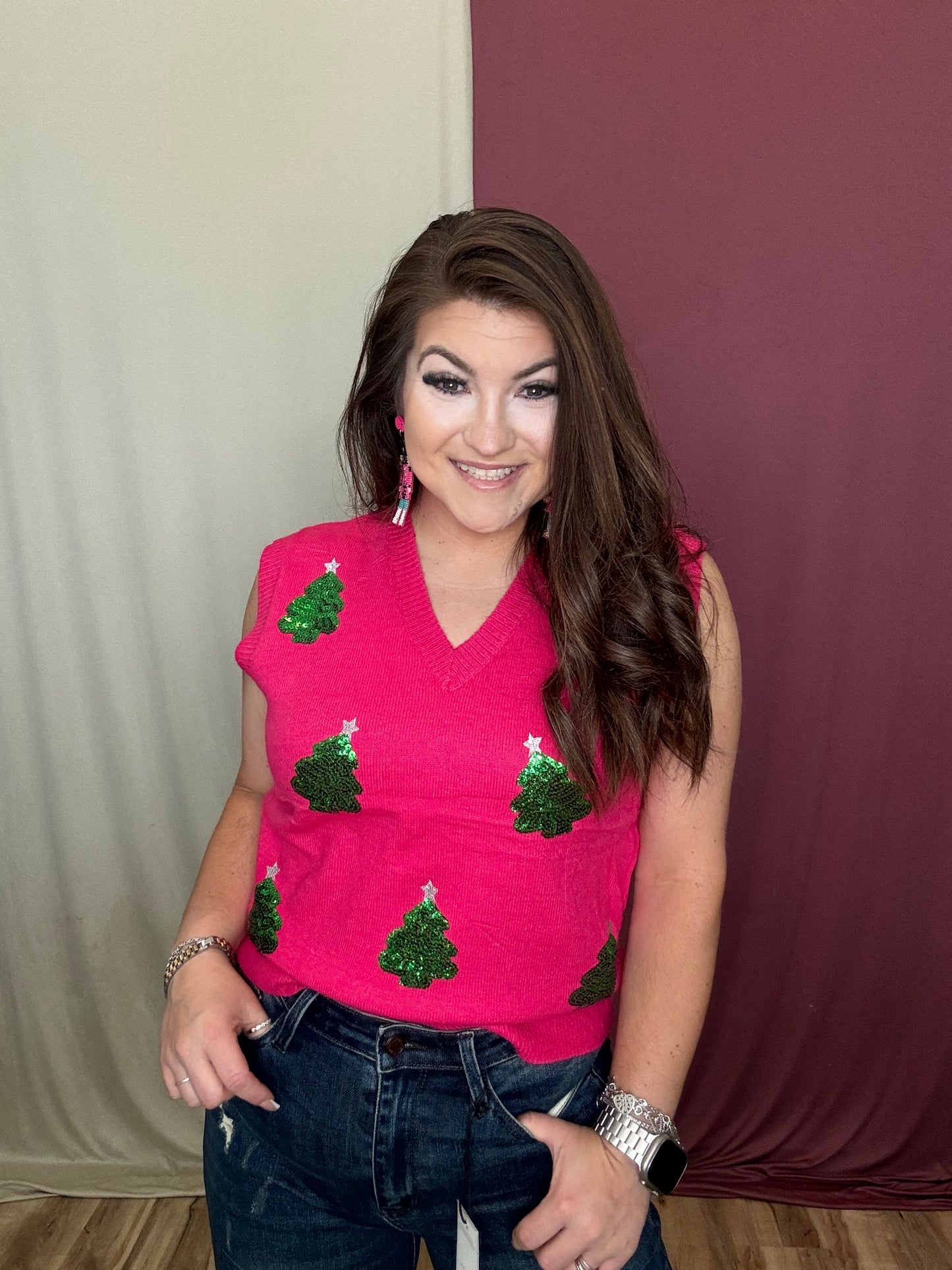 The Hot Pink Sequin Christmas Tree Sweater Vest