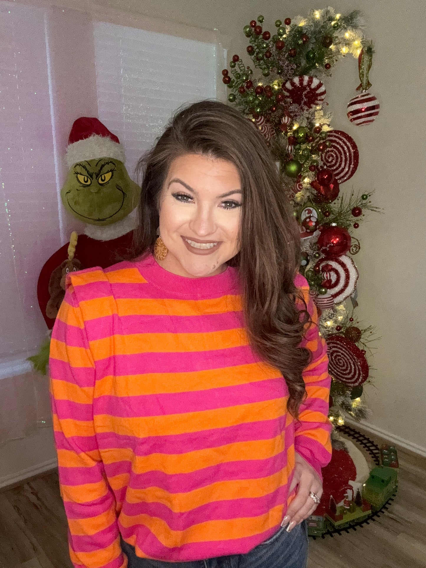The Rose Stripe Shoulder Pad Round Neck Sweater