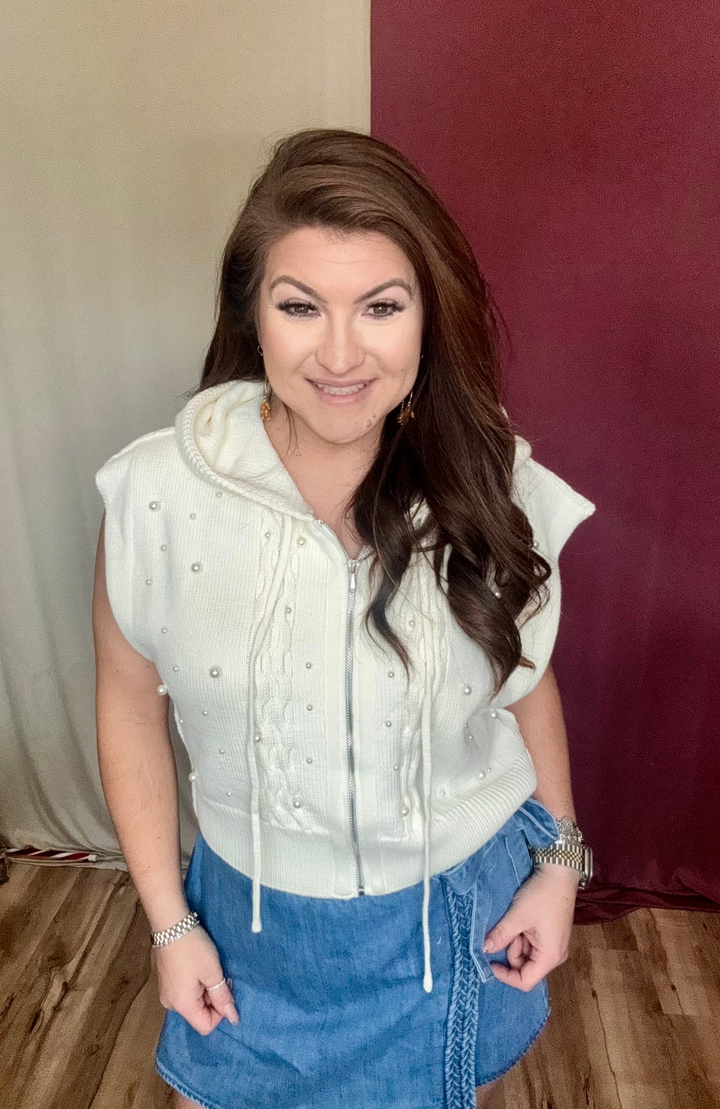 The Madison Pearl Embellished Cable Sweater Hoodie Vest