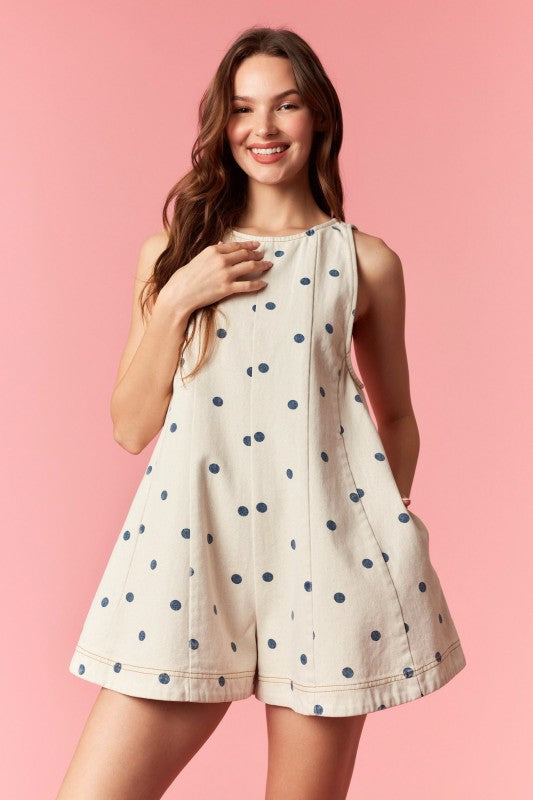 Saddie Polka Dot Denim Flare Romper