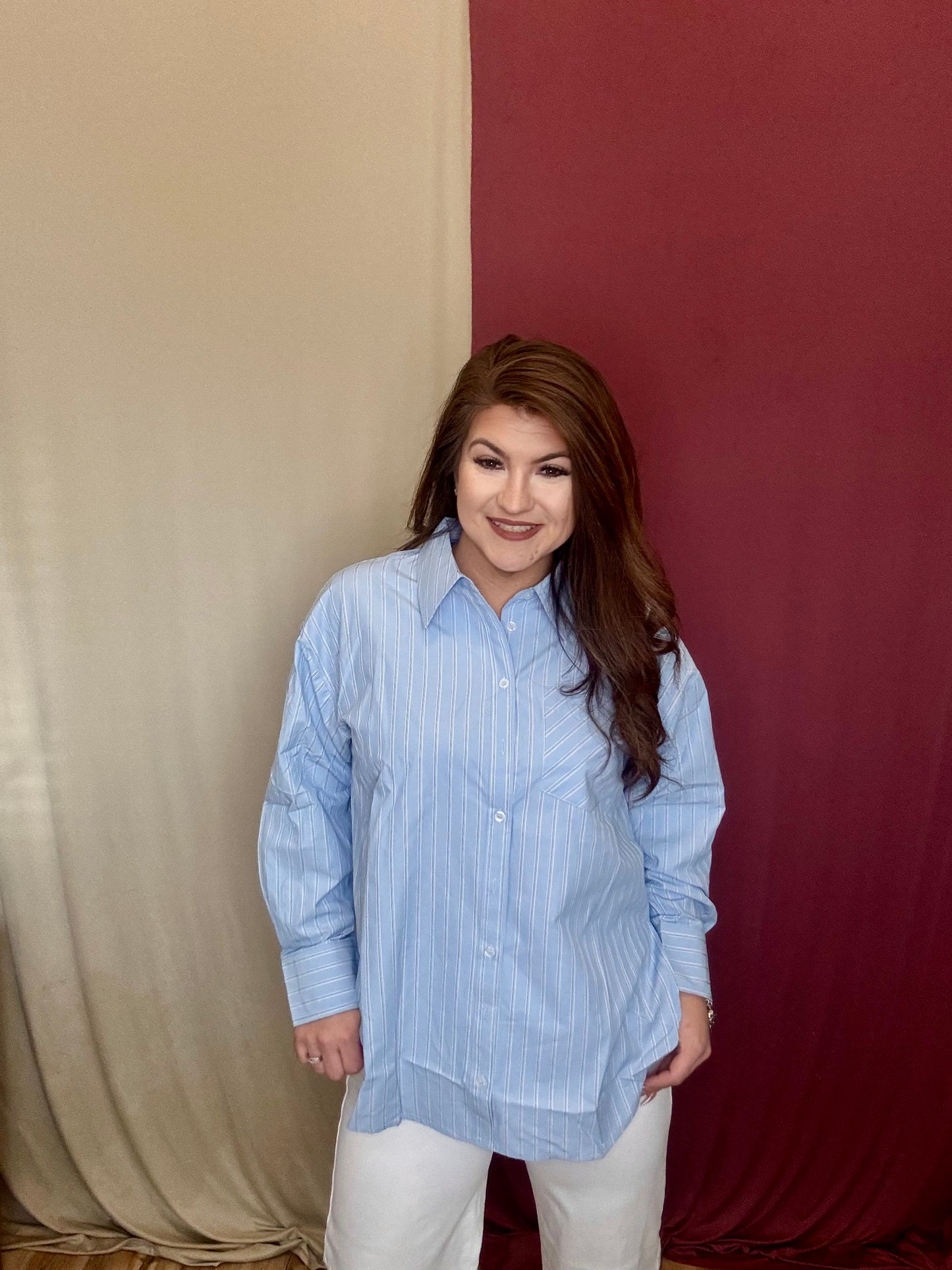 Ralph Light Blue Button Down Stripped Blouse