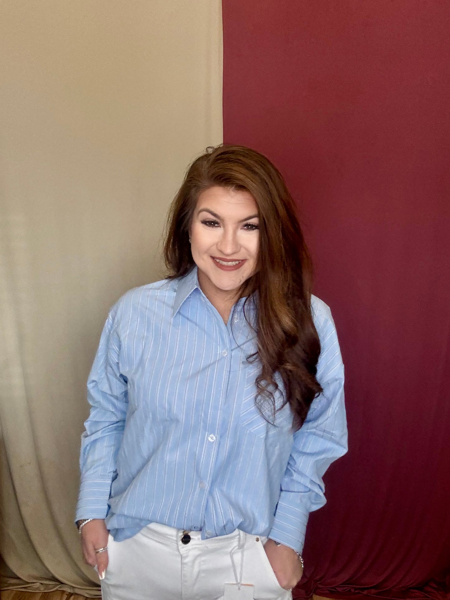 Ralph Light Blue Button Down Stripped Blouse