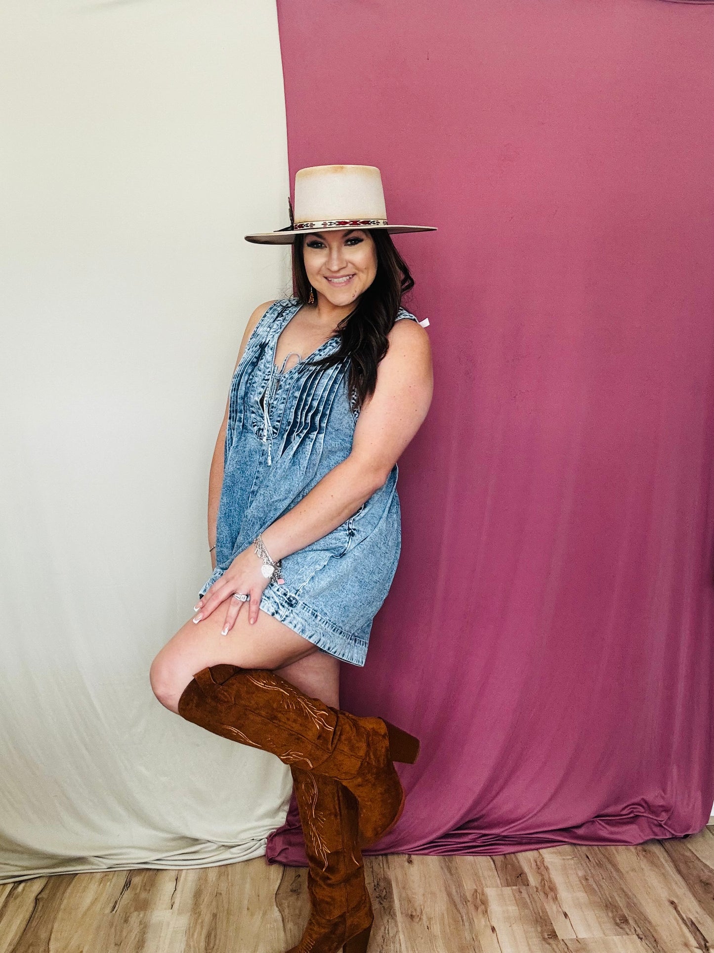 The Adelina Chambray Denim Romper