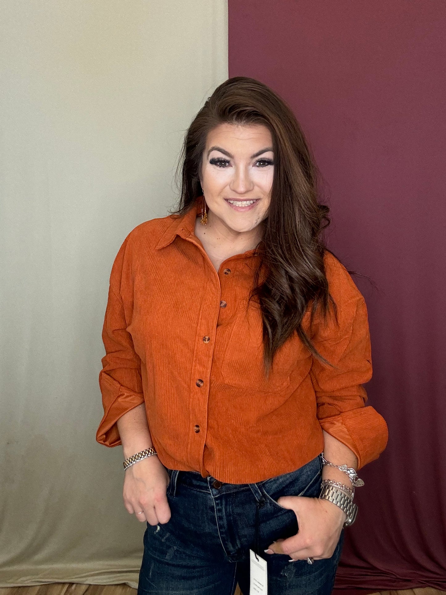 The Laylan Button Down Shacket - Rust