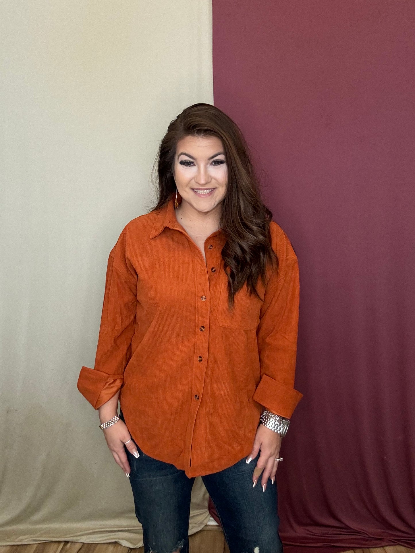The Laylan Button Down Shacket - Rust