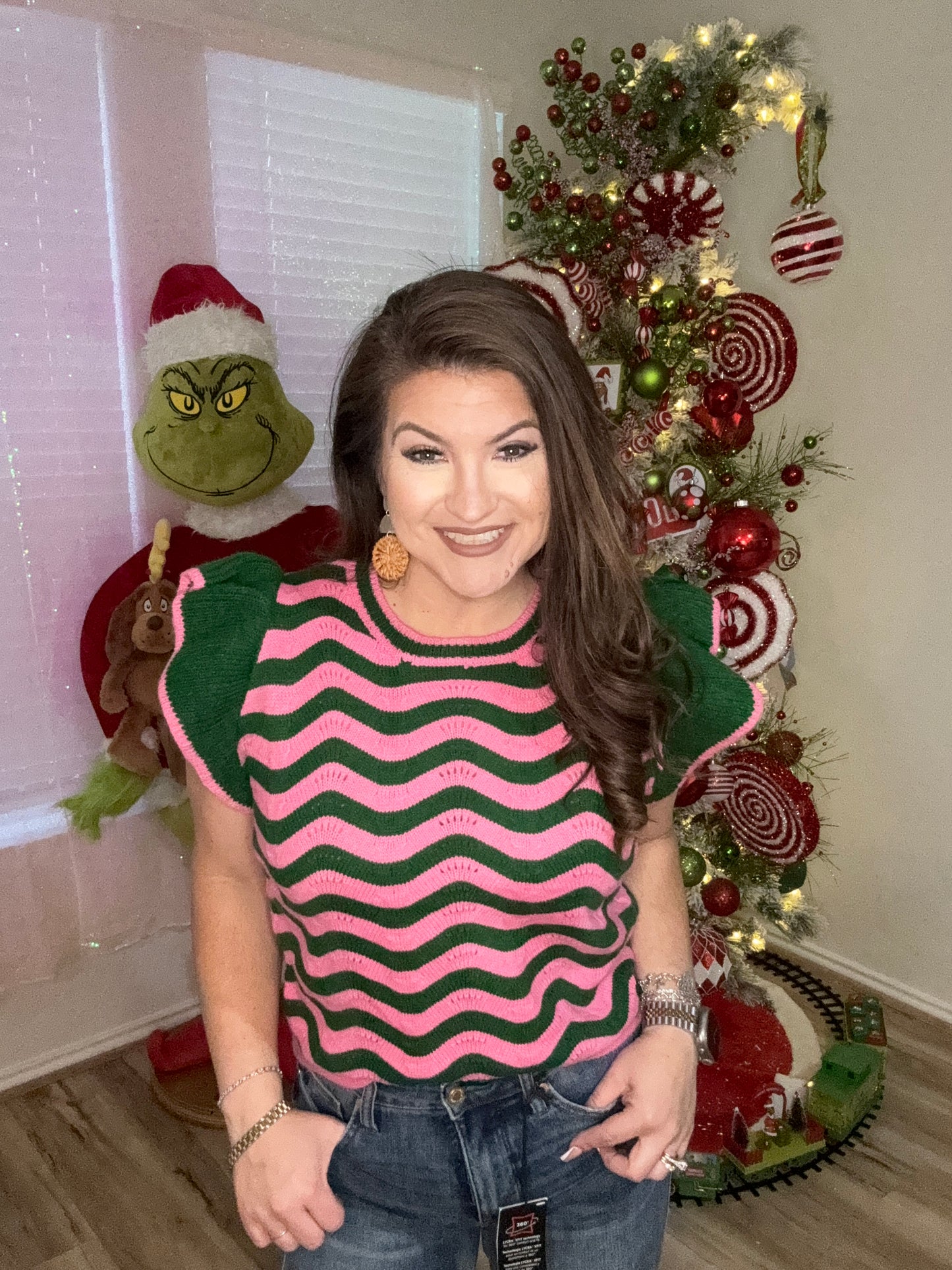 The Kinslee Stripped Ruffle Sleeve Knit Top